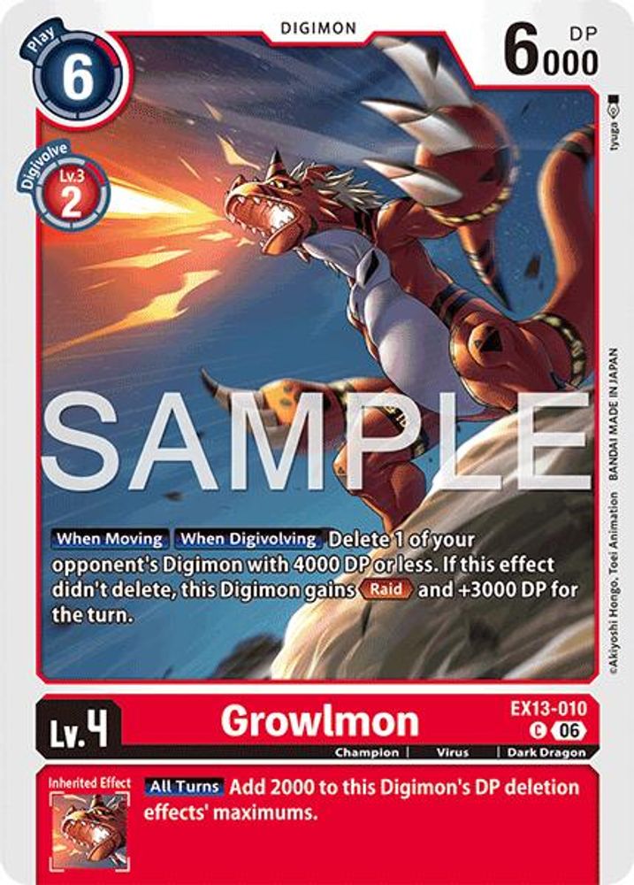 PLAYSET (4) 4x Growlmon (EX13-010) Common - Digimon EX-13 Chivalrous XIII-Cherry Collectables
