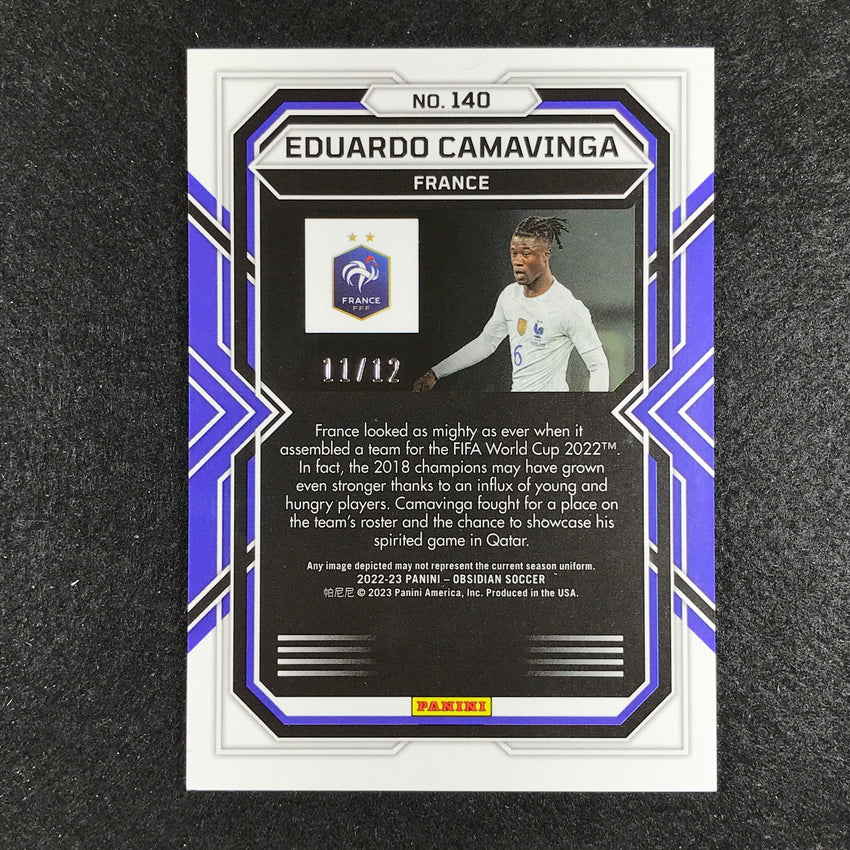 2022-23 Obsidian Eduardo Camavinga Base Electric Etch Neon Blue Flood 11/12