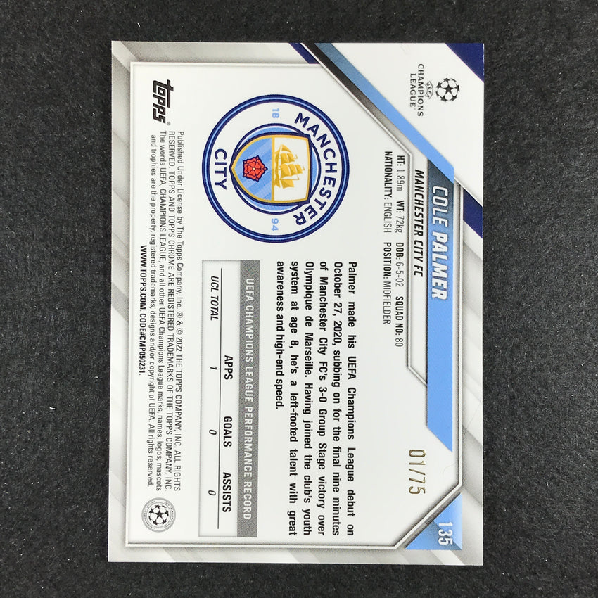 2021-22 Topps Chrome Uefa Ucl Cole Palmer Rookie Blue Wave 1/75