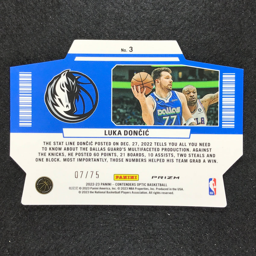 2022-23 Contenders Optic Luka Doncic Superstar Die-cut Blue Cracked Ice 7/75