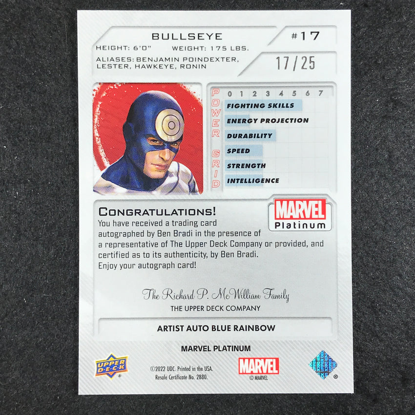 2023 Marvel Platinum Bullseye Ben Bradi Base Artist Auto Blue Rainbow 17/25