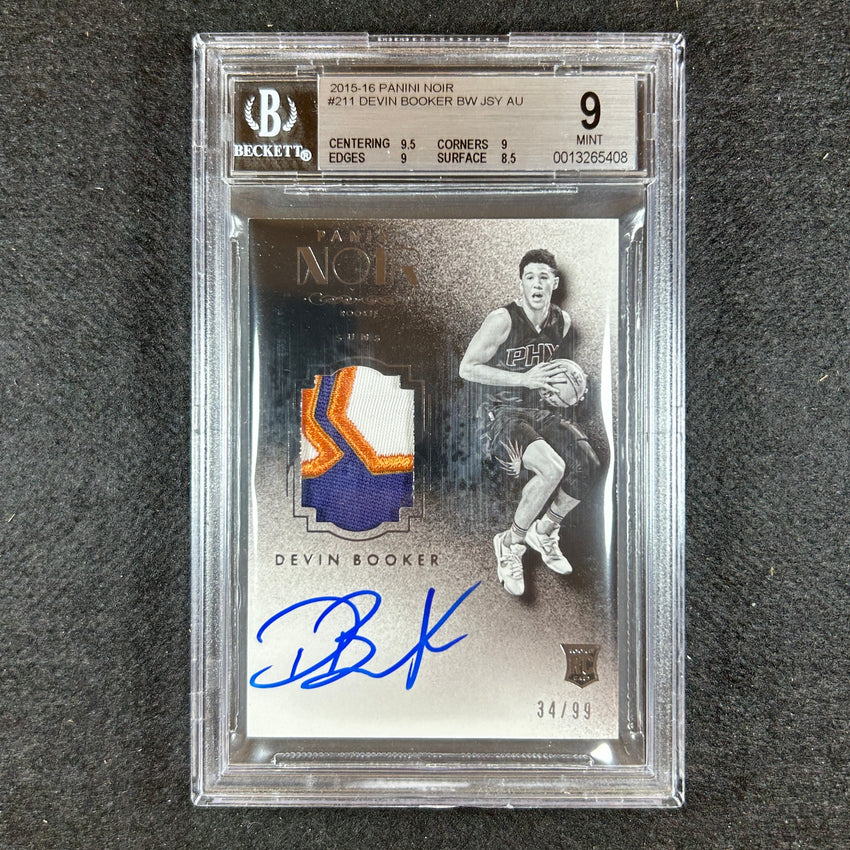 2015-16 Noir Devin Booker Rookie Patch Auto Black And White 34/99 BGS 9/10