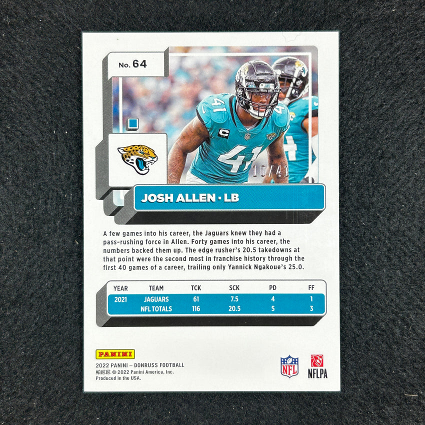 2022 Donruss Josh Allen Jersey Number Orange 10/41