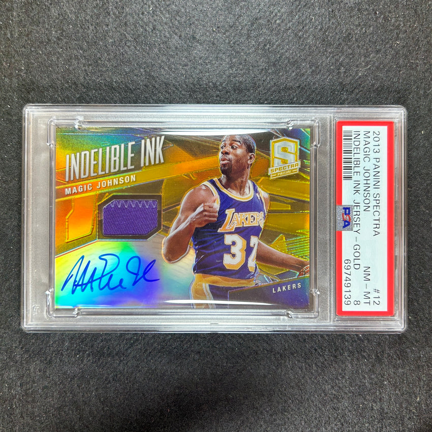 2013-14 Spectra Magic Johnson Indelible Ink Jersey Patch Auto Gold 2/10 Psa 8