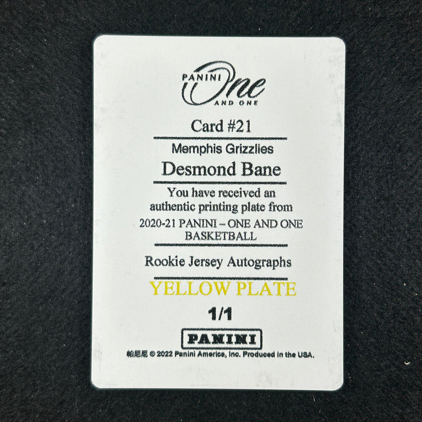 2020-21 One And One Desmond Bane Rookie Jersey Auto Printing Plate 1/1 Yellow