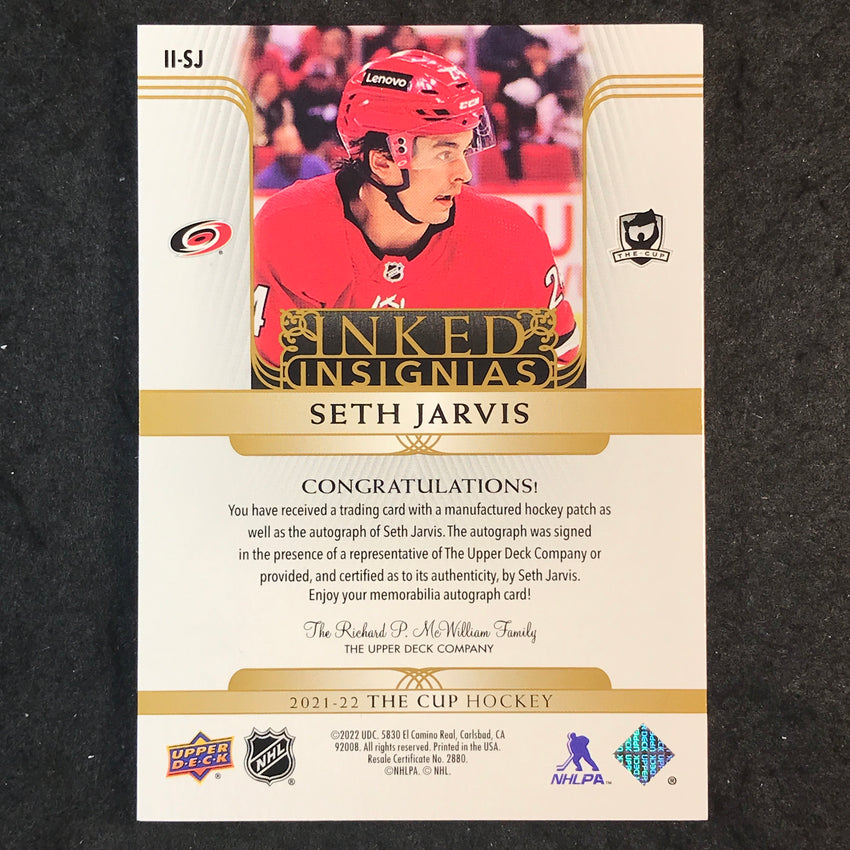 2024-25 The Cup Hockey SETH JARVIS 21-22 Update Inked Insignias Relic Auto 11/75