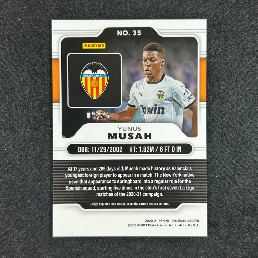 2020-21 Obsidian Yunus Musah Rookie Base Electric Etch Green 9/25