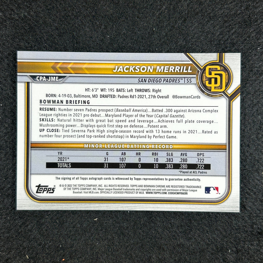 2022 Bowman Chrome Jackson Merrill 1st Prospect Auto Blue Hta Choice 26/150