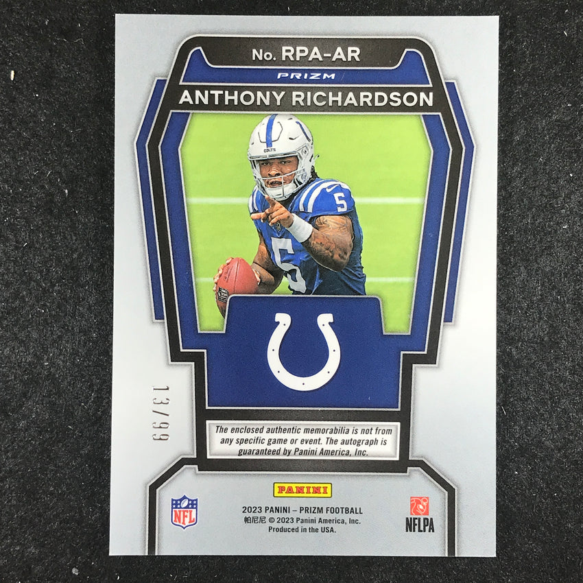 2023 Prizm Football Anthony Richardson Rookie Patch Auto Silver Prizm 13/99
