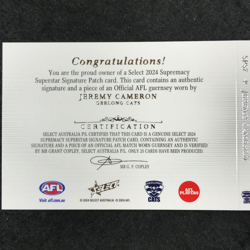 2024 Select AFL Supremacy JEREMY CAMERON Superstar Signature Patch Booklet 18/25