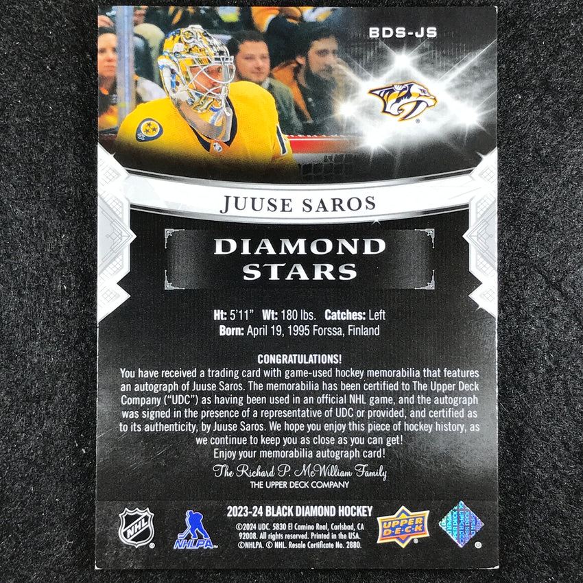 2023-24 Black Diamond NHL JUUSE SAROS Diamond Stars Patch Auto Premium 5/25
