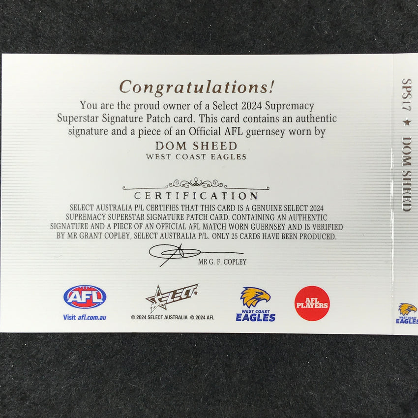 2024 Select AFL Supremacy DOM SHEED Superstar Signature Patch Booklet 23/25