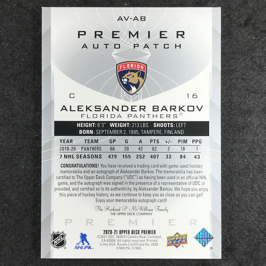 2021-22 Premier Hockey ALEKSANDER BARKOV 2020-21 Update Acetate Patch Auto 18/25