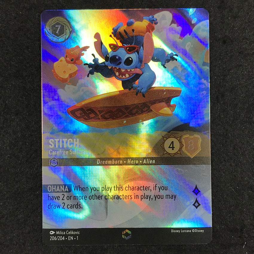 ENCHANTED Stitch - Carefree Surfer - 206/204 - Enchanted - Lorcana The First Chapter