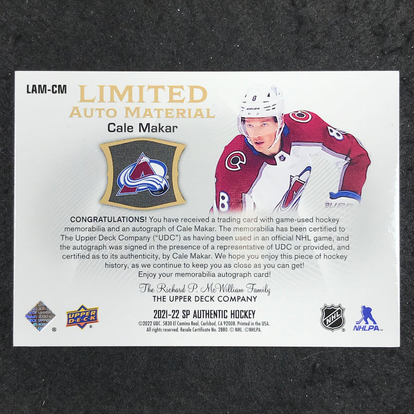 2021-22 Sp Authentic Nhl Cale Makar Limited Auto Material Patch Gold 1/25