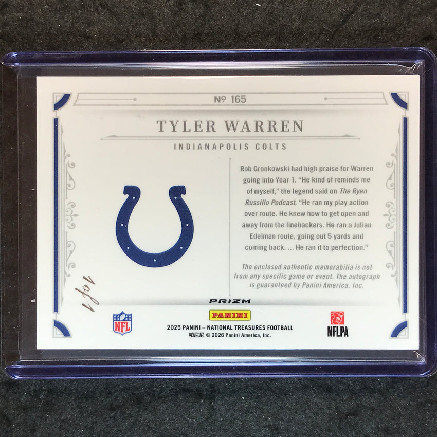 2025 National Treasures TYLER WARREN Rookie Patch Auto NFL Shield Logo Gold 1/1