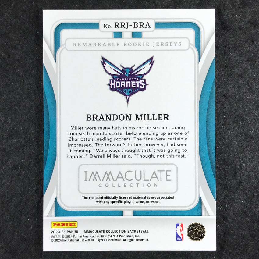 2023-24 Immaculate BRANDON MILLER Remarkable Rookie Jerseys Patch Gold 8/10