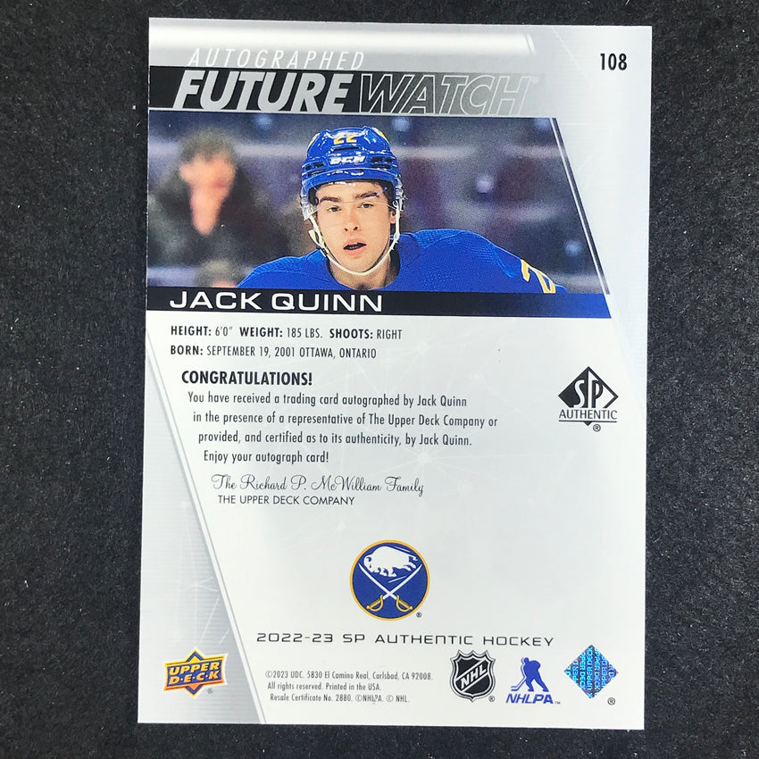 2022-23 SP Authentic NHL JACK QUINN Future Watch Rookie Auto 403/999 #108
