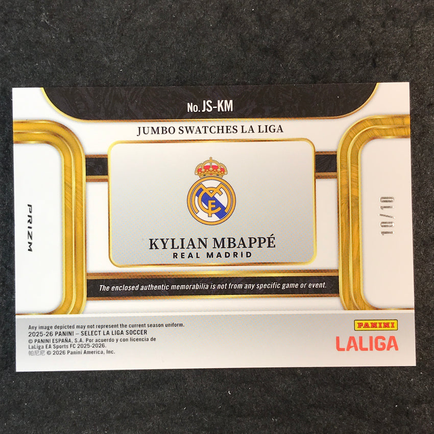 2025-26 Select La Liga KYLIAN MBAPPE Jumbo Swatches Patch Gold 10/10