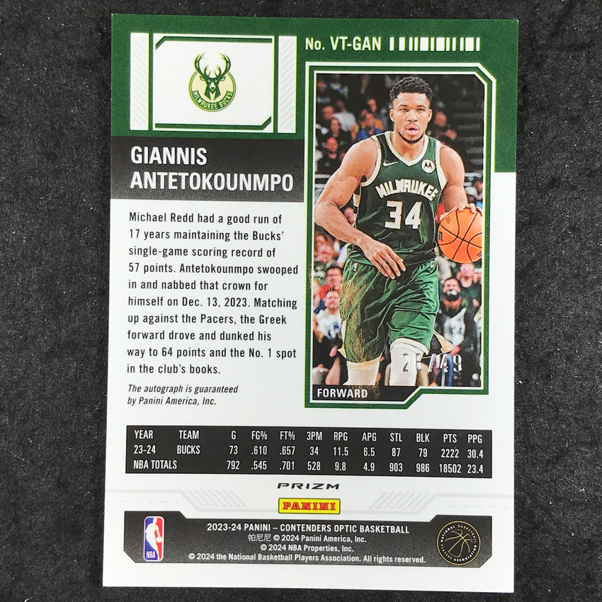 2023-24 Contenders Optic GIANNIS ANTETOKOUNMPO Veteran Ticket Auto Red 26/49