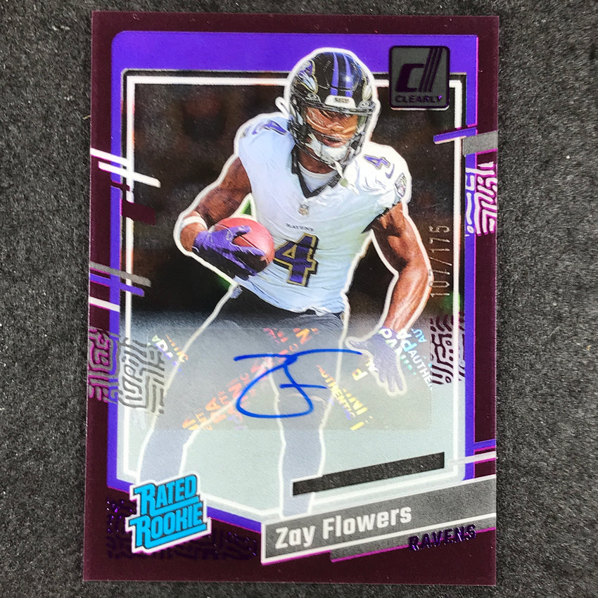 2023 Clearly Donruss Football ZAY FLOWERS Rated Rookie Auto Purple 107/175 #92