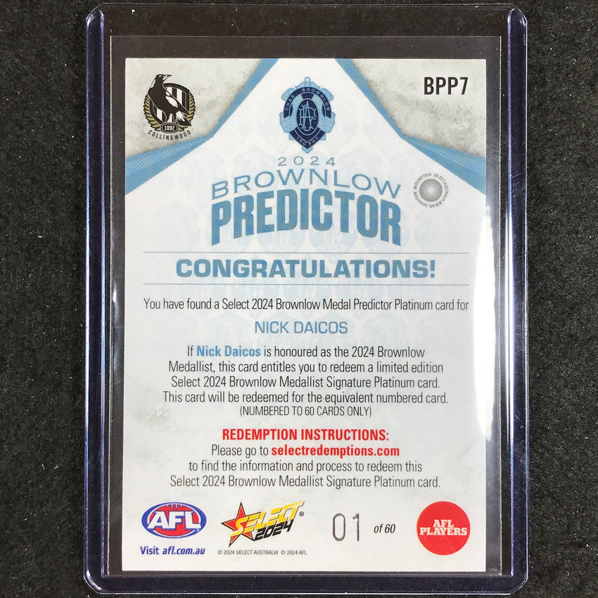 2024 Footy Stars Nick Daicos Brownlow Predictor Platinum 1/60 No 7