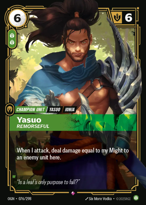 Yasuo - Remorseful (076) - 076/298 - Rare -  Riftbound - Origins