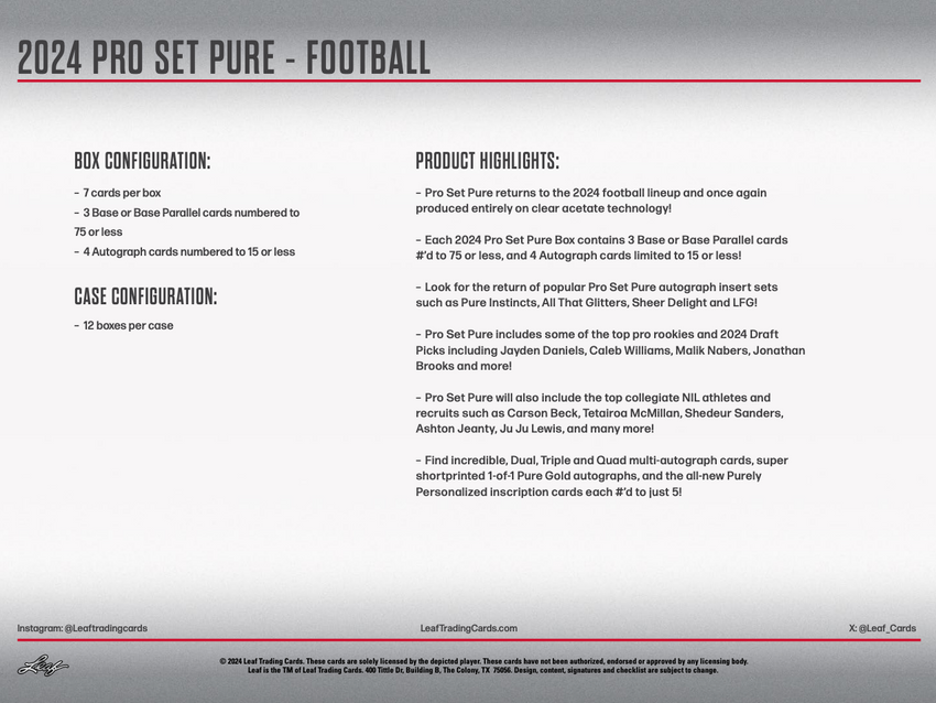 2024 Leaf Pro Set Pure Football Hobby Box-Cherry Collectables
