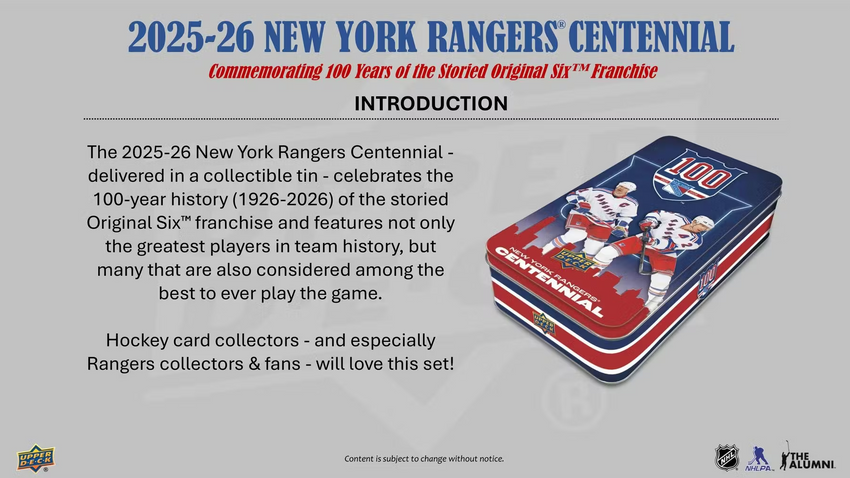 2025-26 Upper Deck New York Rangers Centennial Hockey Hobby Box (Pre Order)