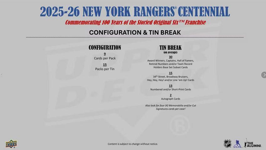 2025-26 Upper Deck New York Rangers Centennial Hockey Hobby Box (Pre Order)