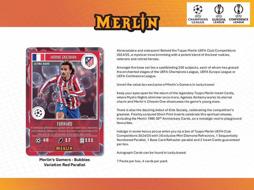 2024-25 Topps Chrome Merlin UEFA Club Competitions Soccer 7-Pack Blaster Box
