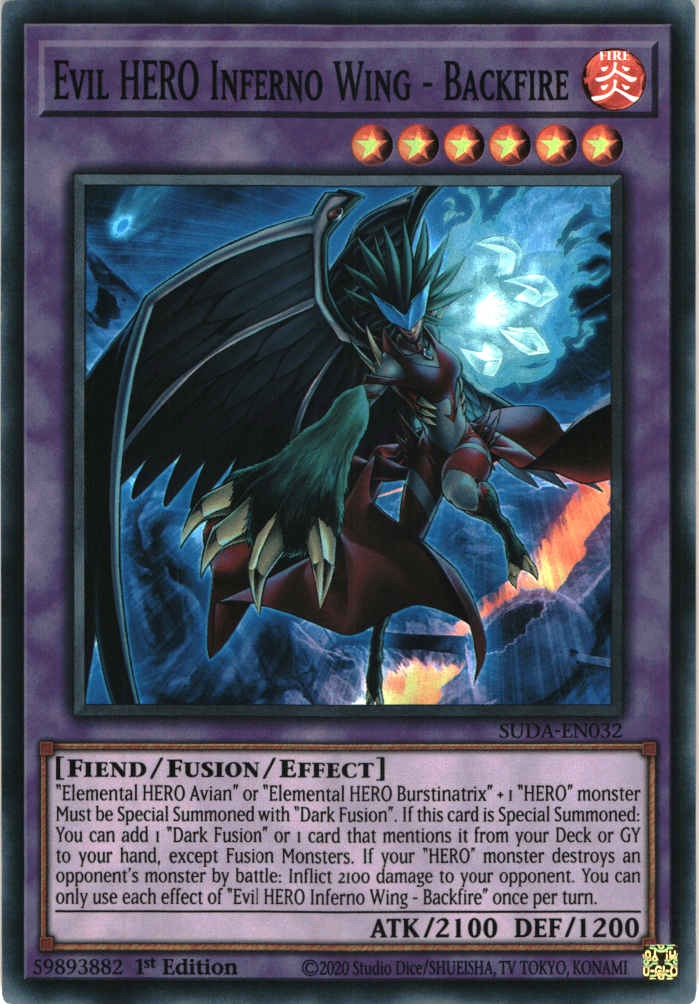 Evil HERO Inferno Wing - Backfire - SUDA-EN032 - Super Rare 1st Editio Cherry Collectables Evil HERO Inferno Wing - Backfire - SUDA-EN032 - Super Rare 1st Editio Cherry Collectables