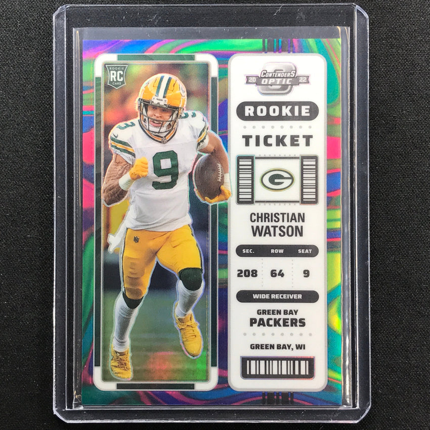 2022 Contenders Optic Christian Watson Rookie Ticket Neon Marble 1/4