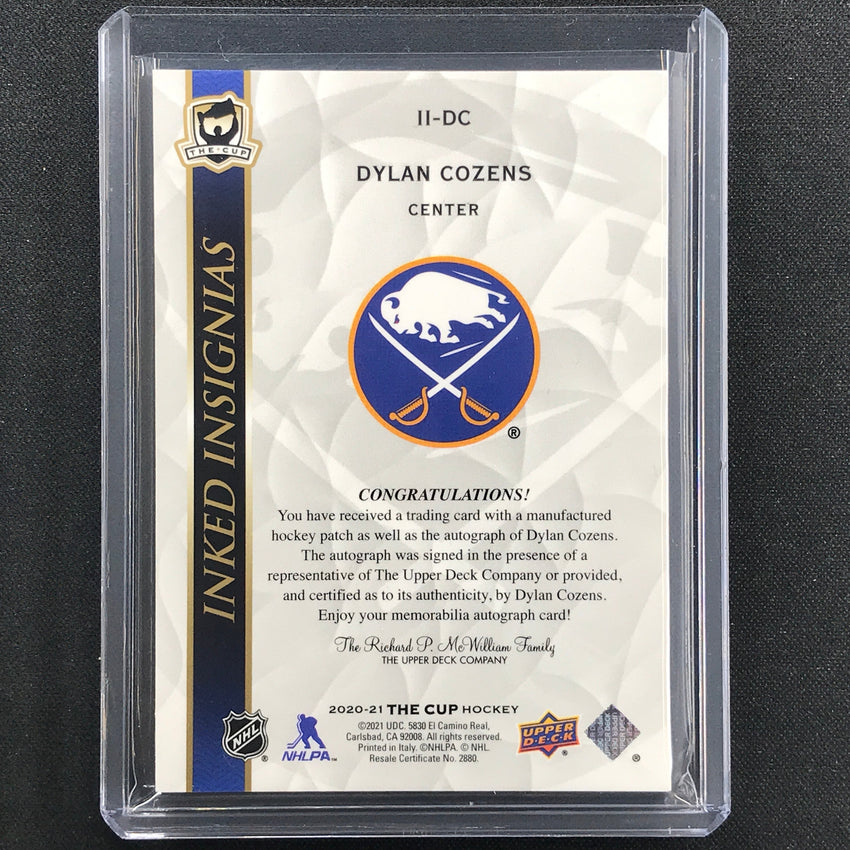 2020-21 The Cup Dylan Cozens Inked Insignias Manufactured Patch Relic Auto 31/75