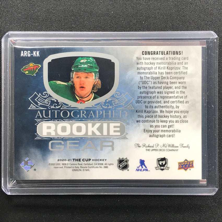 2020-21 The Cup Kirill Kaprizov Autographed Rookie Gear Dual Patch Auto 19/24