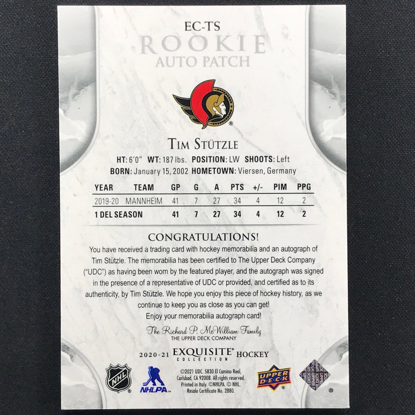 2020-21 The Cup Tim Stutzle Exquisite Collection Rookie Auto Patch 3/18