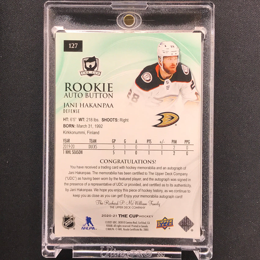 2020-21 The Cup Jani Hakanpaa Rookie Auto Patch Green Foil Button 2/3