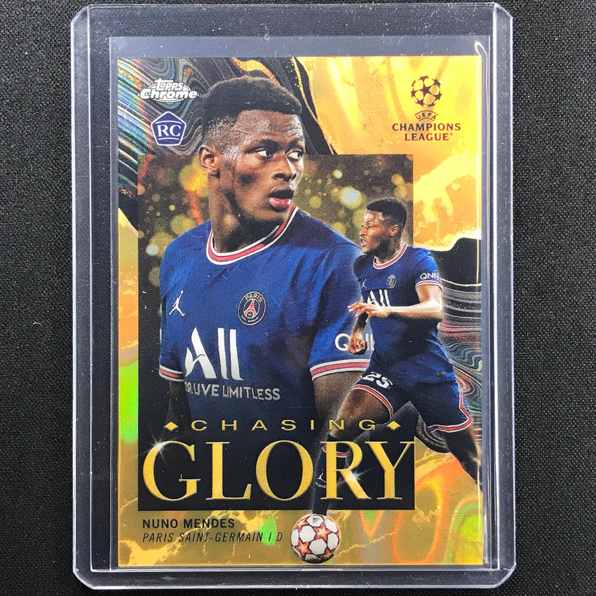 2021-22 Topps Chrome Uefa Ucl Nuno Mendes Rookie Chasing Glory Gold Lava No 18 B