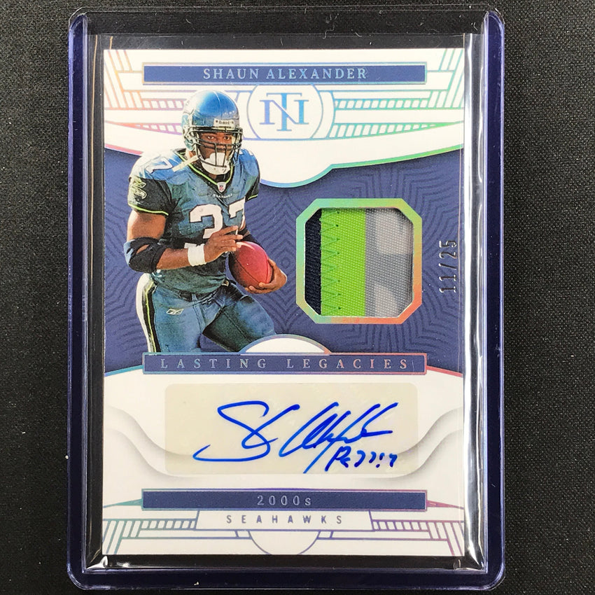 2022 National Treasures Shaun Alexander Lasting Legacies Relic Patch Auto 11/25