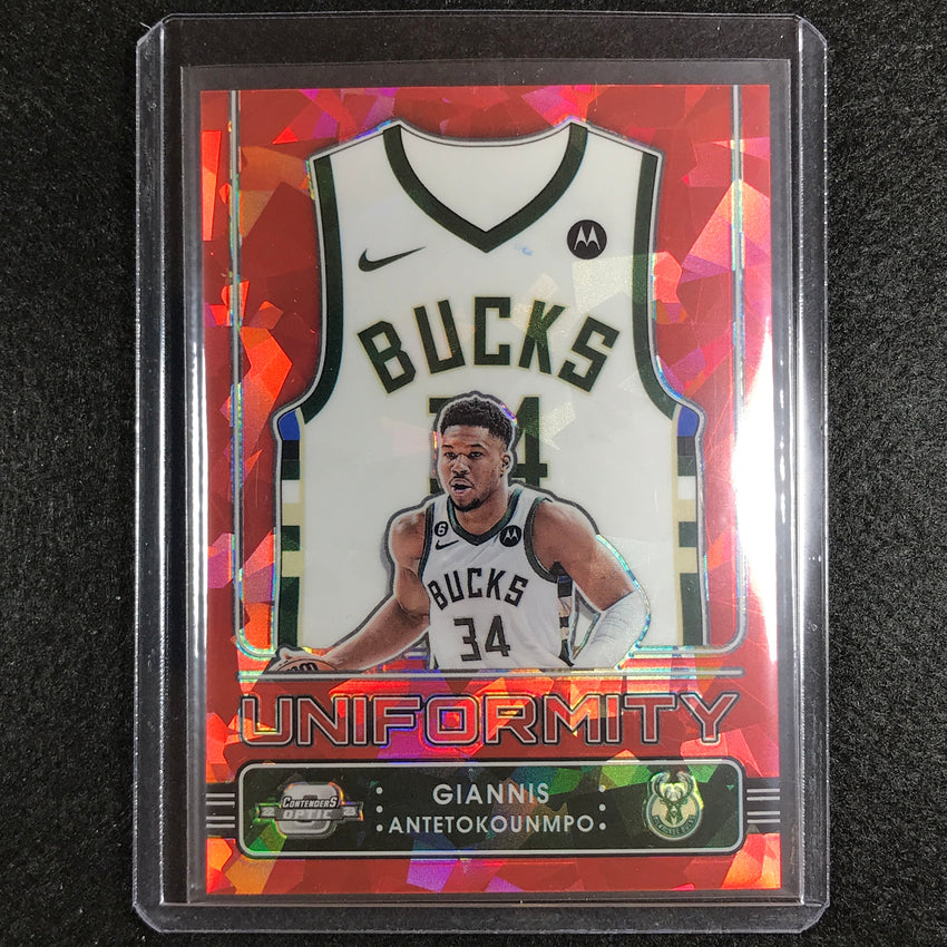 2022-23 Contenders Optic Giannis Antetokounmpo Uniformity Red Cracked Ice No 8