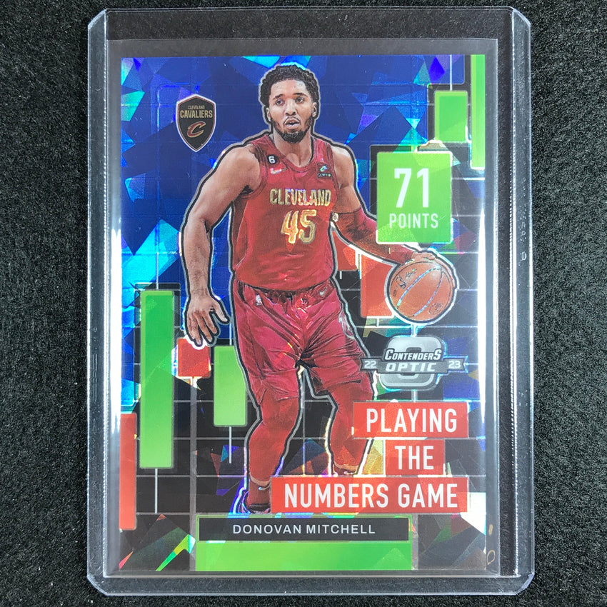 2022-23 Contenders Optic Donovan Mitchell Playing Numbers Game Blue Ice 13/75