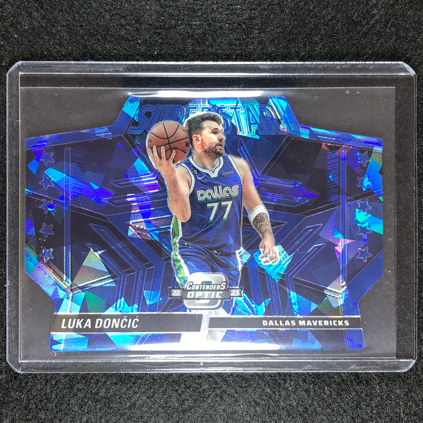 2022-23 Contenders Optic Luka Doncic Superstar Die-cut Blue Cracked Ice 7/75