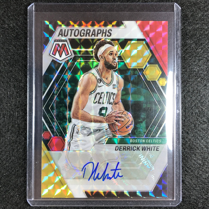 2022-23 Mosaic Derrick White Autographs Mosaic Choice Red And Yellow Auto No Der