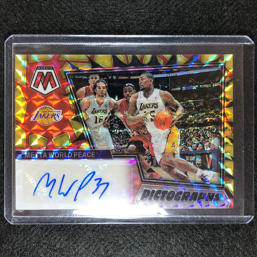 2022-23 Mosaic Metta World Peace Pictographs Choice Red And Yellow Auto No Mwp