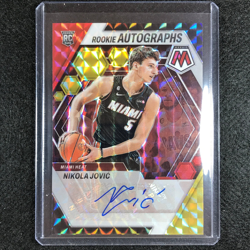 2022-23 Mosaic Nikola Jovic Rookie Autographs Choice Red And Yellow Auto No Jov