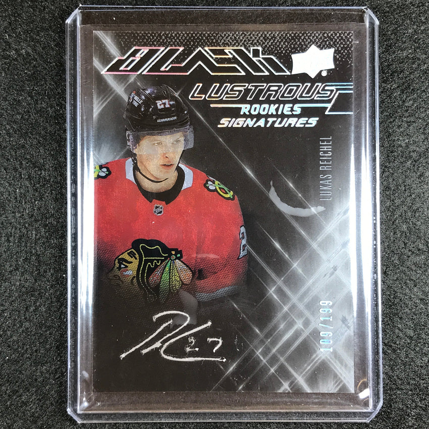 2022-23 Spx Nhl Lukas Reichel Ud Black Lustrous Rookie Signatures Auto 109/199