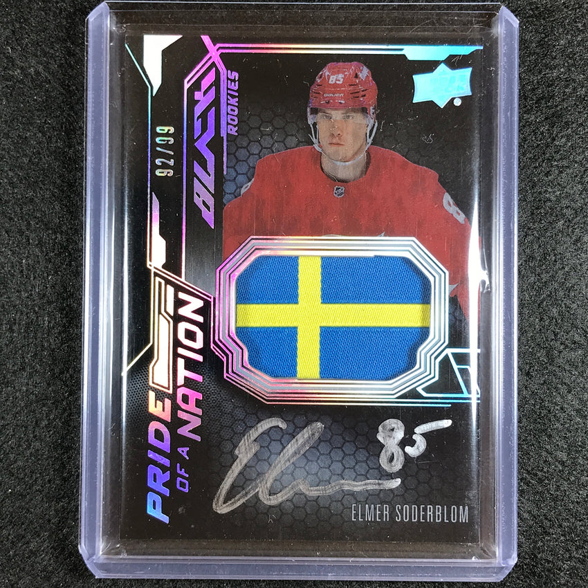 2022-23 Spx Nhl Elmer Soderblom Ud Black Pride Of A Nation Flag Patch Auto 92/99