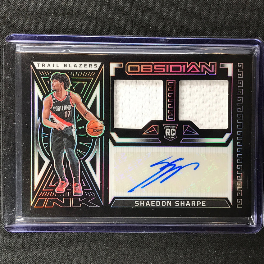 2022-23 Obsidian Shaedon Sharpe Rookie Jersey Ink Dual Jersey Auto Silver 47/99