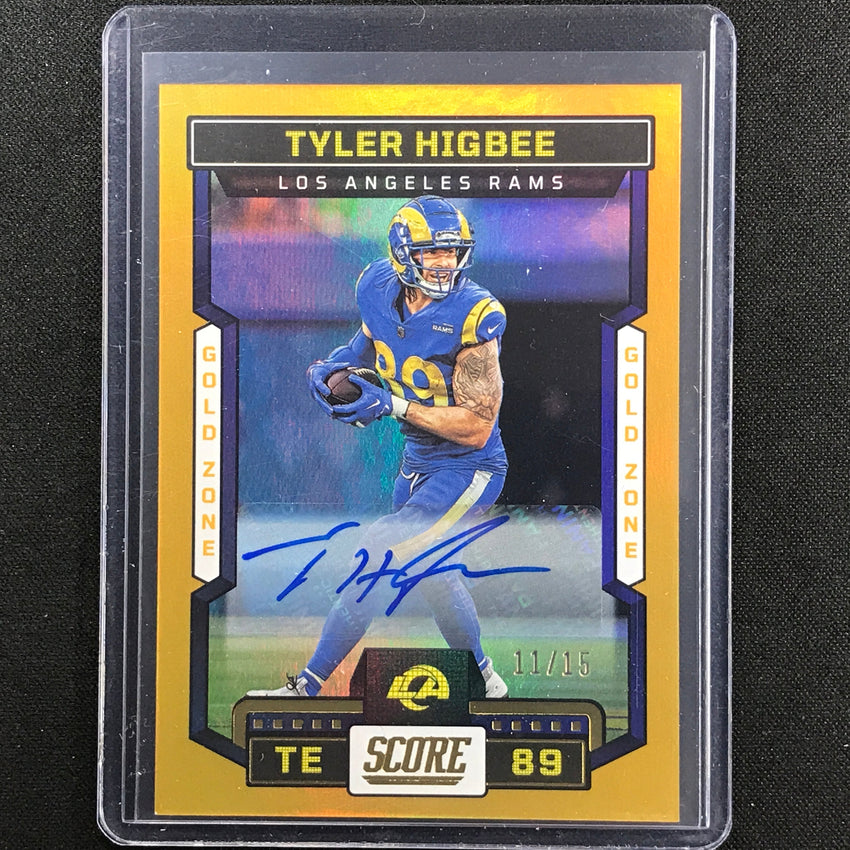 2023 Score Tyler Higbee Base Signatures Auto Gold Zone 11/15