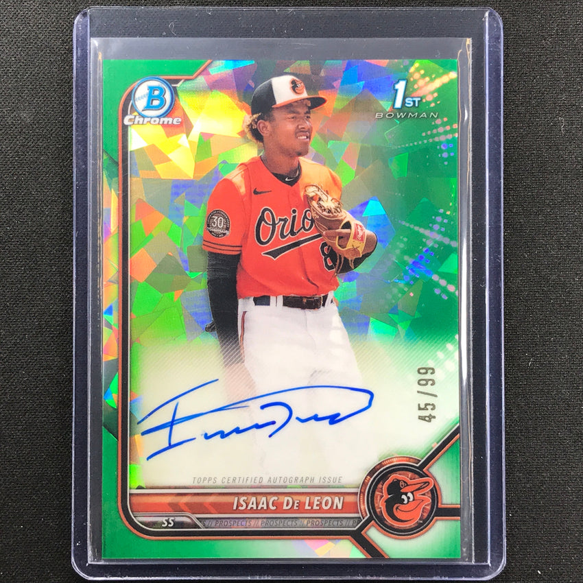 2022 Bowman Chrome Isaac De Leon 1st Bowman Prospect Auto Green Atomic 45/99